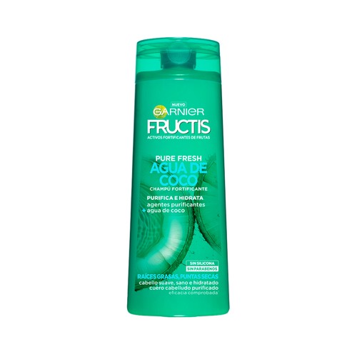FRUCTIS Pure fresh de Garnier Champú fortificante sin parabenos ni siliconas, para raíces grasas y puntas secas 360 ml.