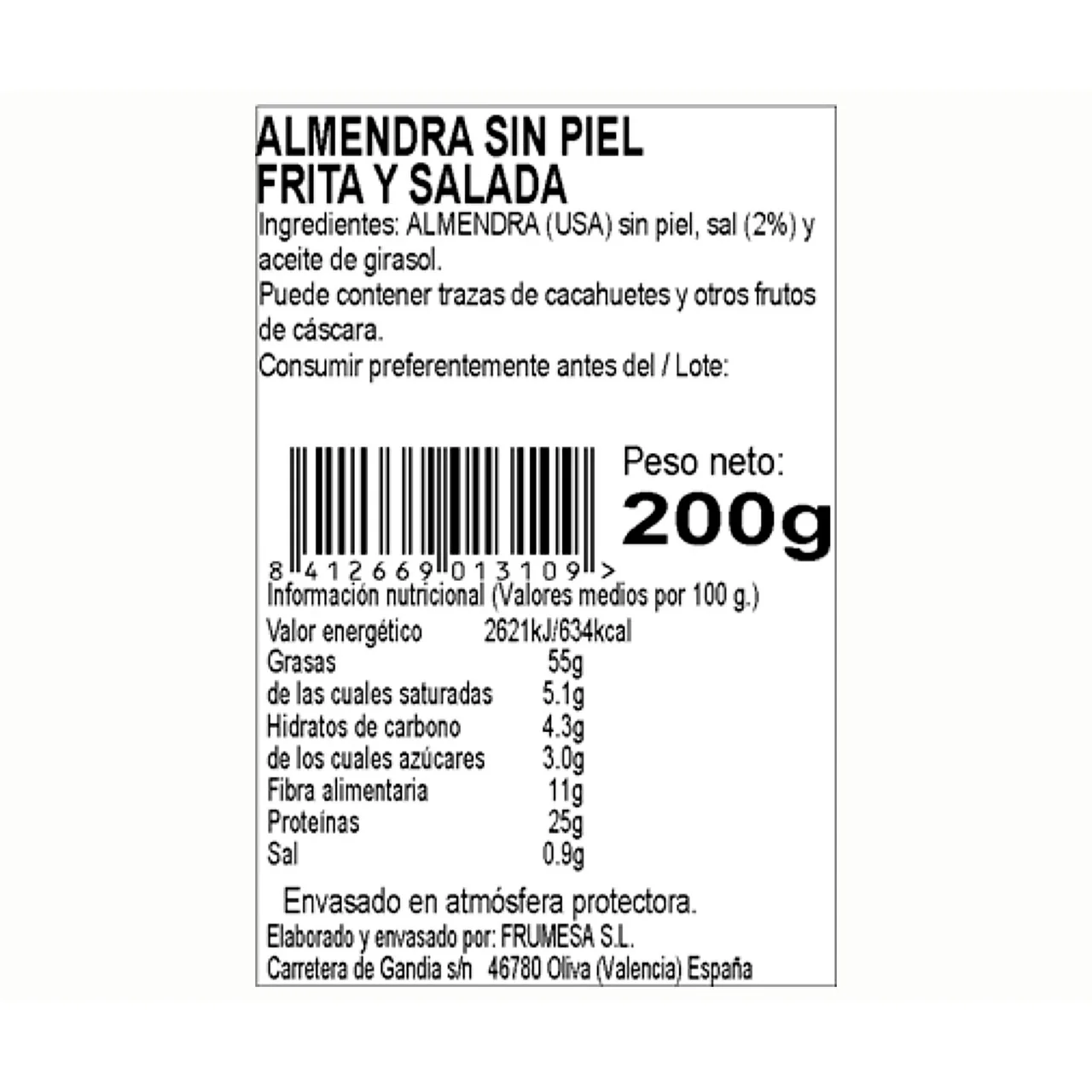 Almendra sin piel, frita y salada 200 g.