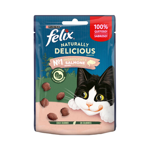 FELIX naturally delicious de Purina Snacks para gatos adultos con salmón y un toque de hierba gatera 50 g.