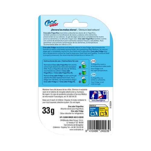 CROC ODOR Absorbe olores especial para frigorífico o nevera.