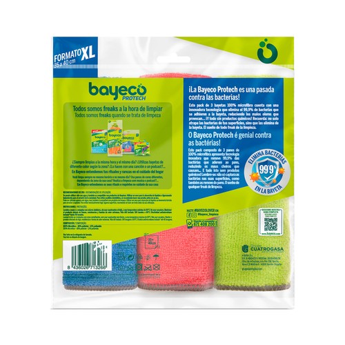 BAYECO Bayetas multiusos XL (40 x 35) de microfibra 100% y acción anti bacterias protech 3 unidades