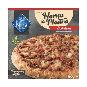 Imagen de LA NIÑA DEL SUR Pizza Boloñesa (vacuno, salsa de tomate, Edam y Mozzarella) hecha al horno de piedra 390 g.