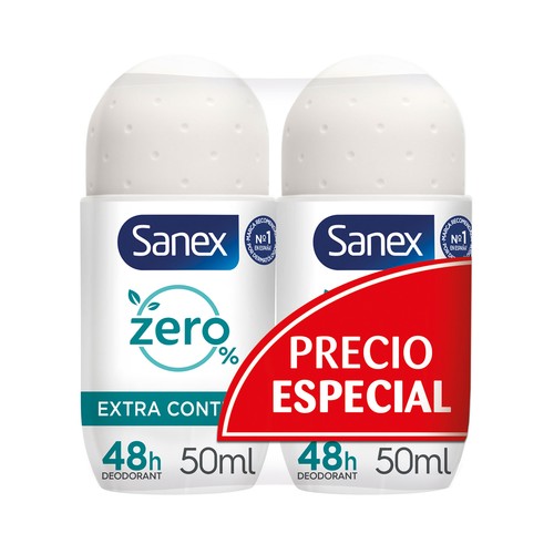 SANEX Zero % extra control Desodorante roll on para mujer, antitranspirante hasta 48 horas 2 x 50 ml.