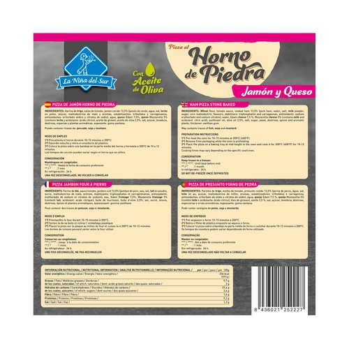 LA NIÑA DEL SUR Pizza de jamón y queso, hecha al horno de piedra 400 g.