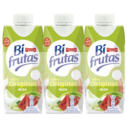 Leche con zumo de frutas mediterráneas y 0% materia grasa BIFRUTAS de Pascual 3 x 330 ml.