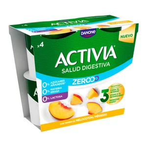 ACTIVIA Triple zero de Danone Bífidus desnatado (0% materia grasa), sin lactosa y con trocitos de melocotón 4 x 120 g.
