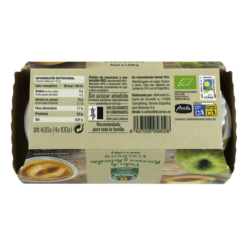 Compota de manzana y melocotón postre ecológico ALCAMPO PRODUCCIÓN CONTROLADA ECOLÓGICO pack 4 uds. x 100 g.
