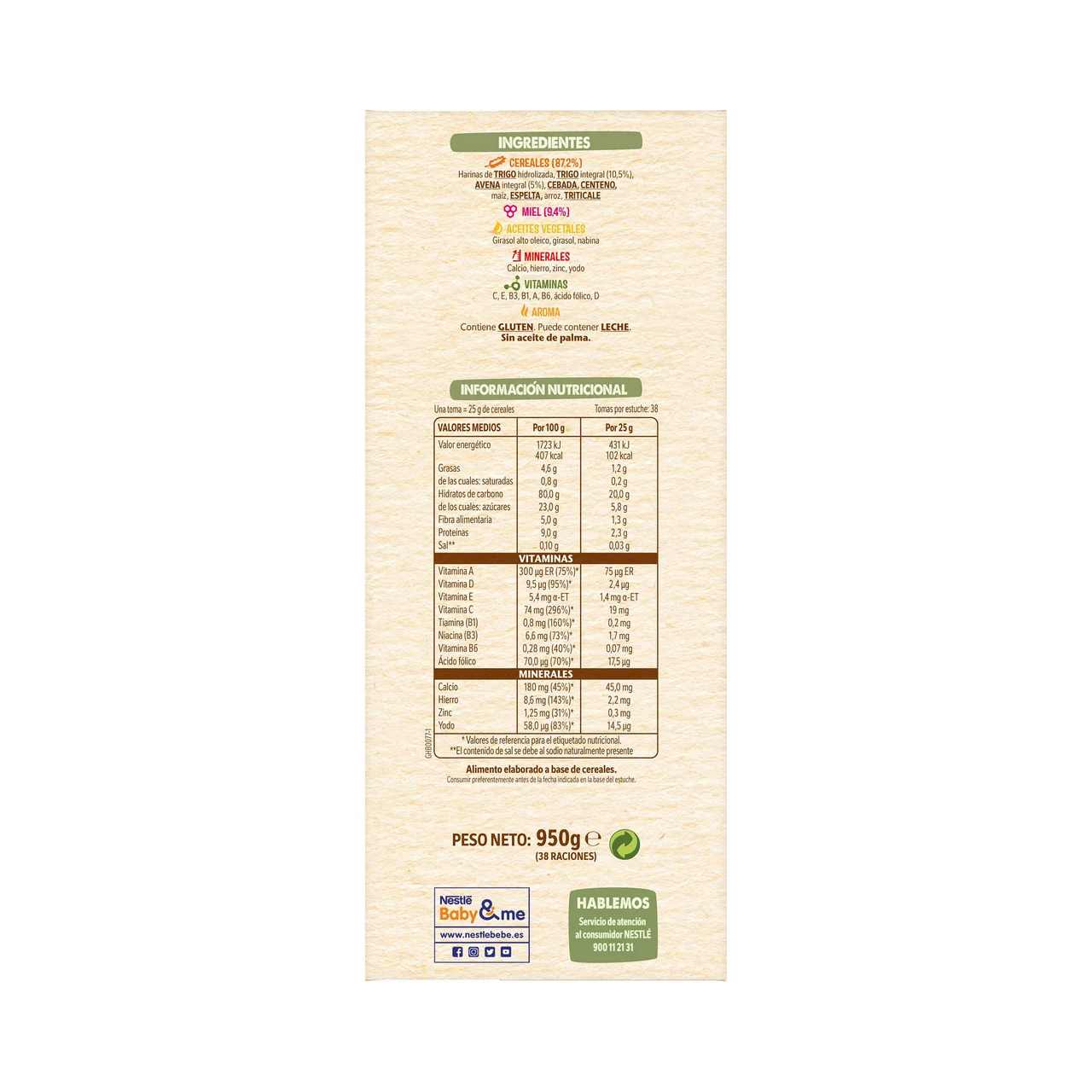 NESTLÉ Papilla de 8 cereales con miel a partir de 6 meses NESTLÉ 950 g.