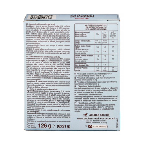 PRODUCTO ALCAMPO Cereales en barrita con chocolate barrita de 21 gr, pack de 6 uds.