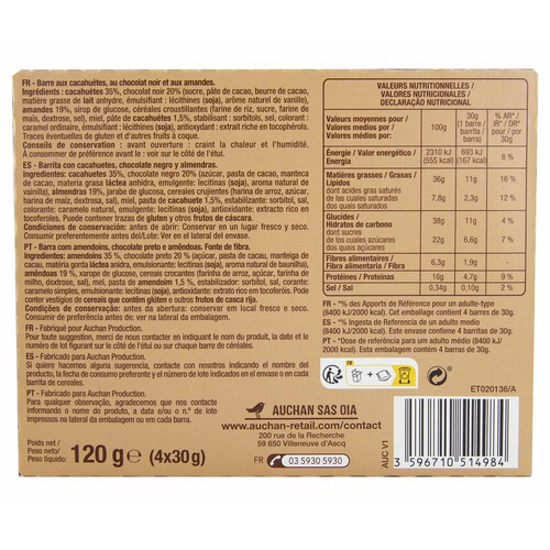 PRODUCTO ALCAMPO Barritas de cereales de cacahuete, almendras y chocolate 120 g.
