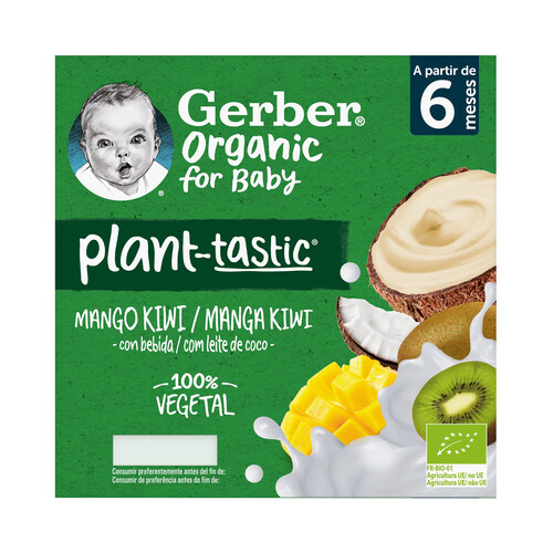 GERBER Postre 100% vegetal infantil con bebida de coco, mango y kiwi ecológicos, a partir de 6 meses GERBER Organic 4 x 90 g.