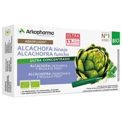 Complemento alimenticio a base de alcachofa e hinojo en ampollas individuales ARKOPHARMA Arkofluido 10 uds.