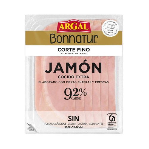 Jamón cocido extra, cortado en lonchas finas y enteras BONNATUR de Argal 140 g.