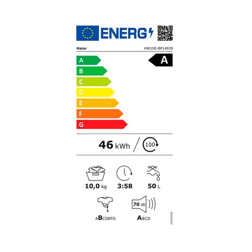 Lavadora HAIER HW100-BP14939-S, capacidad de carga: 10KG, clasificación energética: A, 1400RPM, H: 85cm, A: 60cm, F: 67cm.