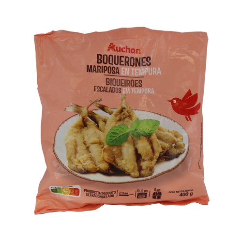 AUCHAN Boquerones abiertos en mariposa limpios y sin espinas recubiertos de una fina capa de tempura muy crujiente 400 g. Producto Alcampo