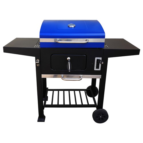 Barbacoa de carbón con ruedas, bandejas y termómetro de color azul, IKUNIK.
