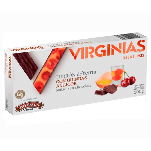VIRGINIAS Turrón de yema con guindas al licor bañado en chocolate 200 g.