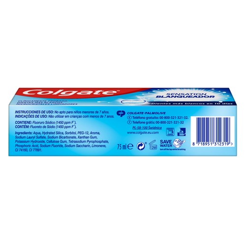 COLGATE Sensation Pasta de dientes con flúor, acción blanqueadora y microcristales limpiadores 75 ml.