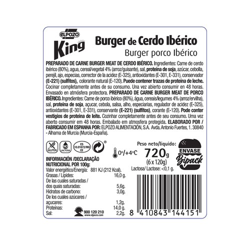 Burger meat premium de cerdo ibérico, elaborada sin gluten ni lactosa EL POZO King 8 x 90 g.