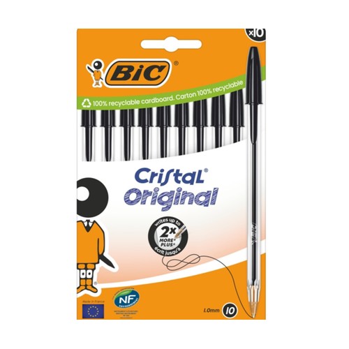 Lote de 10 bolígrafos de punta media grosor fina de 1 mm y tinta base aceite negra BIC Cristal.