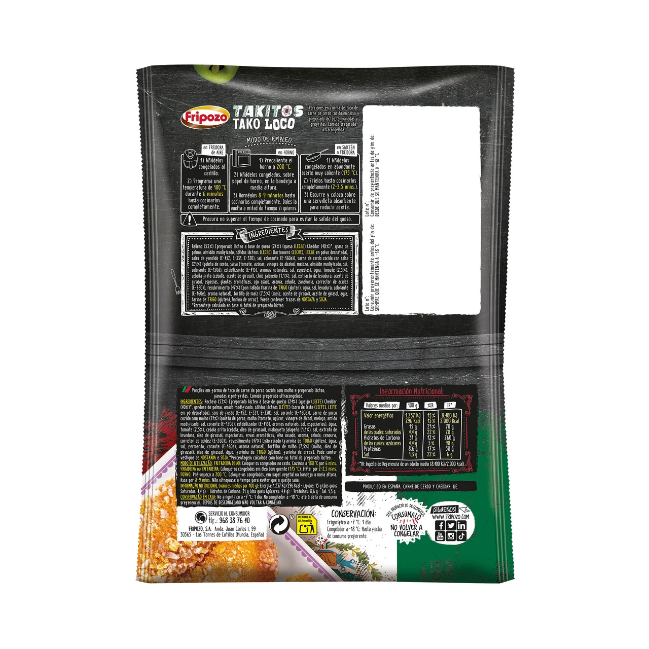 Tako loco Takitos congelados rellenos de queso y carne de cerdo 250 g.