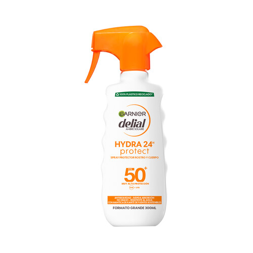 DELIAL Hydra 24h protect  Protector solar en spray para rostro y cuerpo, con FPS 50+ (muy alto) de Garnier 300 ml.