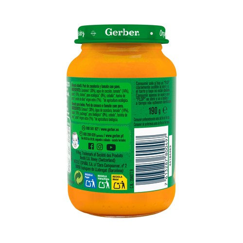 GERBER Organic Tarrito de zanahoria y tomate con pavo, a partir de 6 meses 190 g.