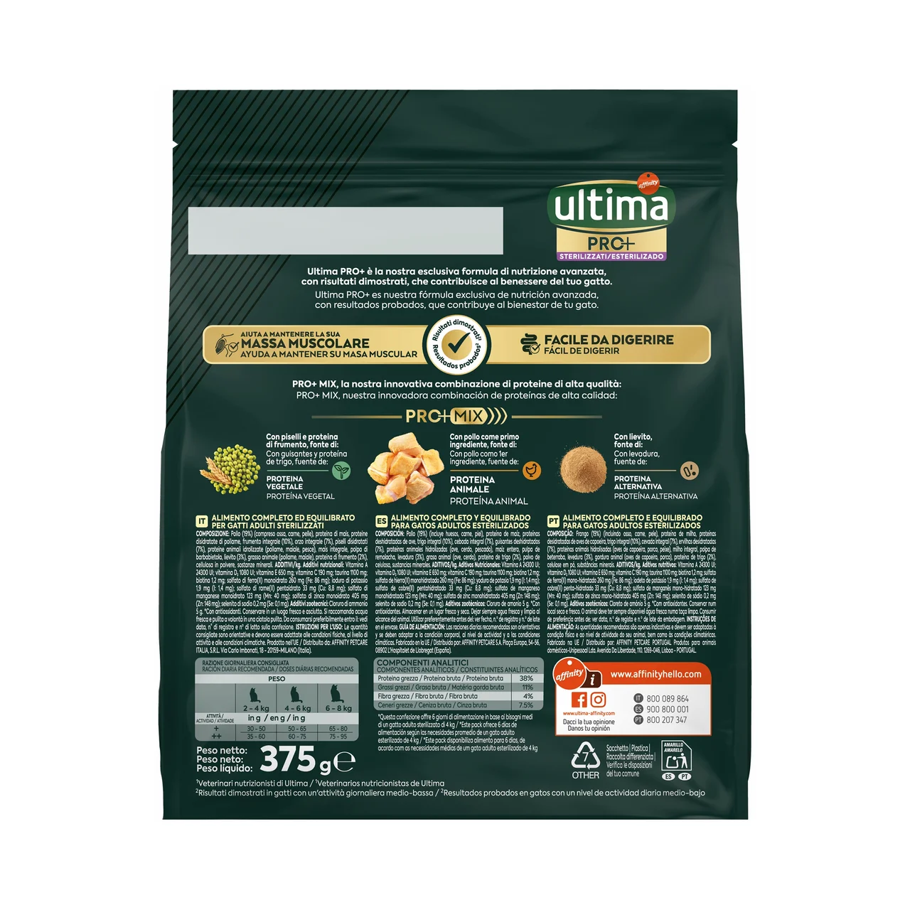 Pro + Alimentación para gatos esterilizado, con pollo, alto en proteínas y sin azúcares añadidos, 375 g.