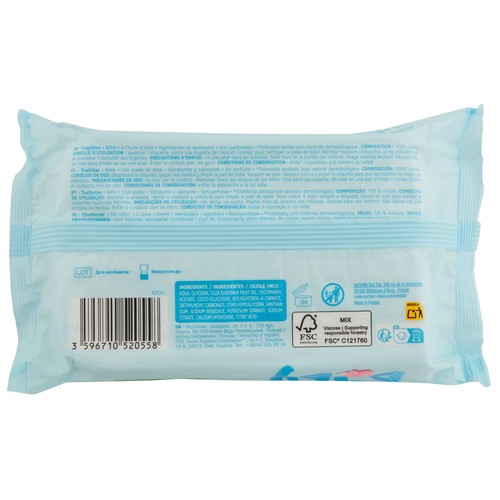 PRODUCTO ALCAMPO Baby Toallitas húmedas para bebé con aceite de oliva y acción hidratante y calmante 64 uds.
