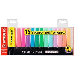 Marcador fluorescente STABILO BOSS ORIGINAL- Set de escritorio de 15 colores (9 fluorescente + 6 pastel).