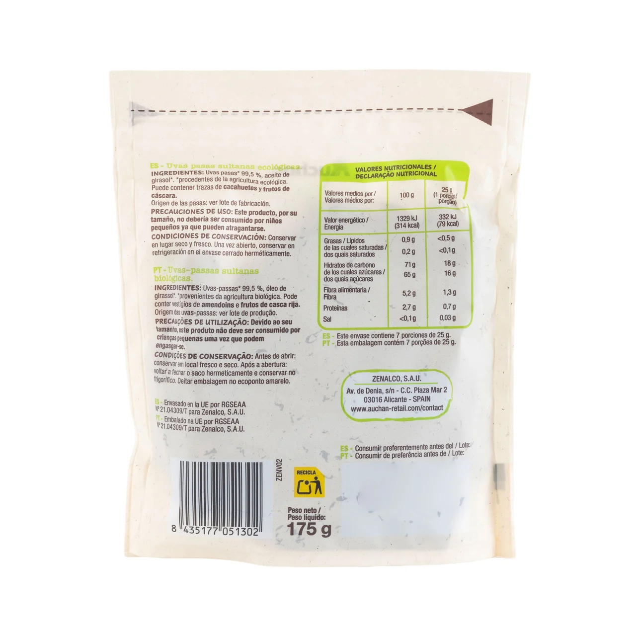 PRODUCTO ALCAMPO Bio Uvas pasas sultanas ecológicas 175 g.