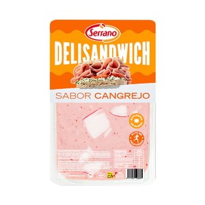 SERRANO Delisandwich Fiambre de pavo y cerdo cocido con sabor a cangrejo, cortado en lonchas 90 g.