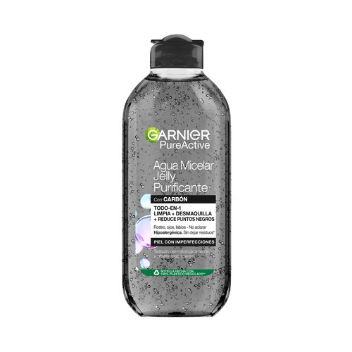 GARNIER Pure active Agua micelar en gel todo en 1 con carbón, para piel con imperfecciones 400 ml.