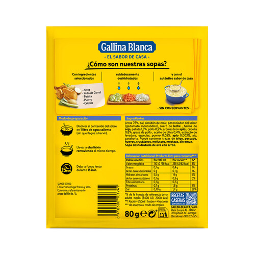 GALLINA BLANCA Sopa de ave con arroz GALLINA BLANCA sobre de 80 g.