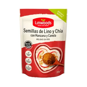 LINWOODS Semillas de lino y chía ecológicas, molidas en frío, con manzana y canela 200 g.