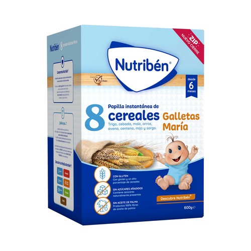 NUTRIBÉN Papilla en polvo de 8 cereales con galleta María a partir de 6 meses NUTRIBÉN 600 g.