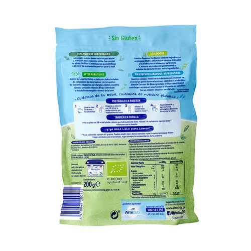 ALMIRÓN Papilla de cereales ecológicos (arroz, maiz y tapioca), sin gluten, a partir de 4 meses ALMIRÓN Cereales ecológicos 200 g.