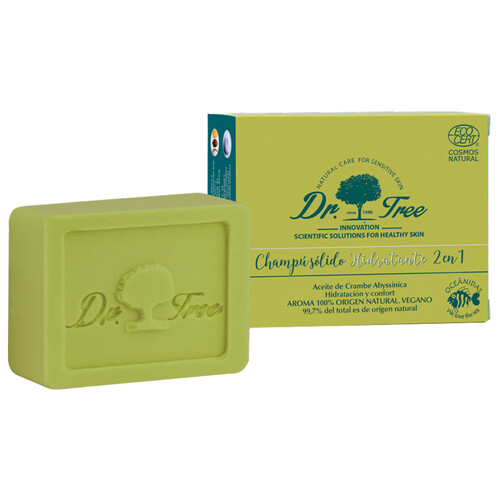 Champú sólido hidratante 2 en 1 para cabellos teñidos, encrespados o decolorados DR. TREE 75 g.