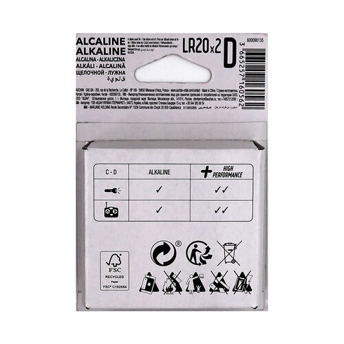 Pack de 2 pilas alcalinas D, LR20, 1,5V, PRODUCTO ALCAMPO +power.