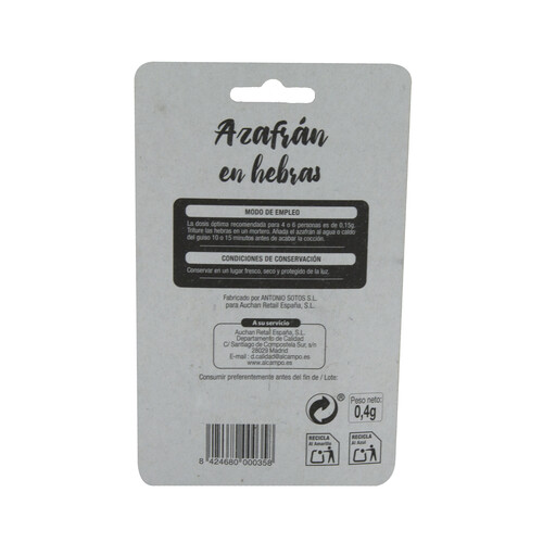 PRODUCTO ALCAMPO Azafrán en hebras PRODUCTO ALCAMPO 0,4 g.