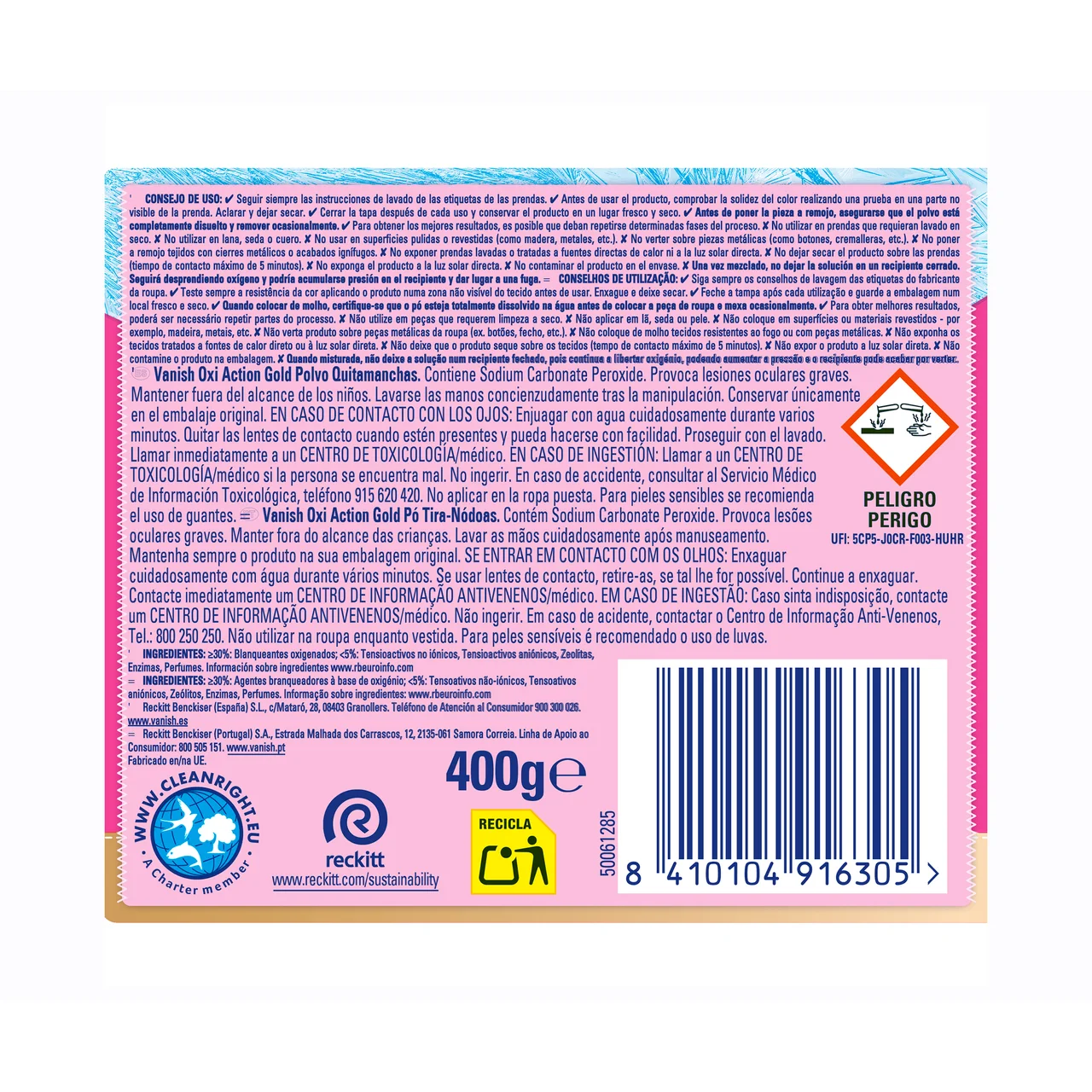 Potenciador del lavado multifunción con triple efecto: quitamanchas, eliminación de olores y cuidado de los colores 400 ml.