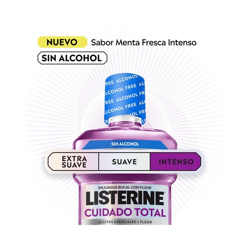 LISTERINE Cuidado total Enjuague bucal con flúor y sin alcohol, sabor menta intensa 500 ml.
