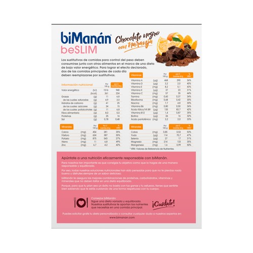 BIMANÁN Be slim Barritas sabor chocolate negro con naranja para el control de peso 10 uds.