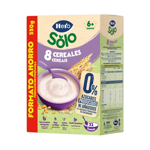 HERO Solo Papilla de 8 cereales ecológicos para bebés a partir de 6 meses 550 g.