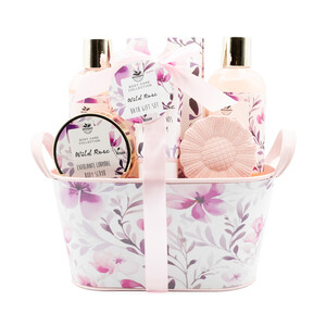 Imagen de BECASAN NATURE Wild rose Cesta metalica con productos para la higiene y el cuidado personal.
