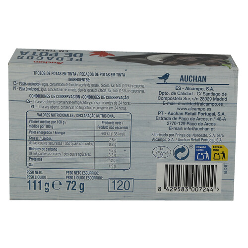 PRODUCTO ALCAMPO Pota en su tinta en trozos PRODUCTO ALCAMPO lata de 72 g.