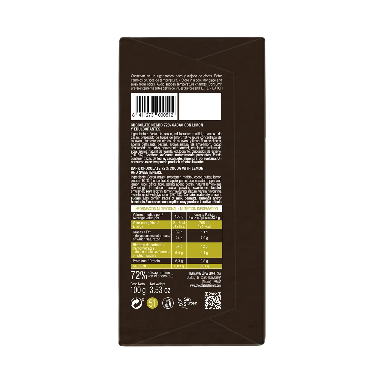 Chocolate negro y limón 72% con Estevia 100 g.