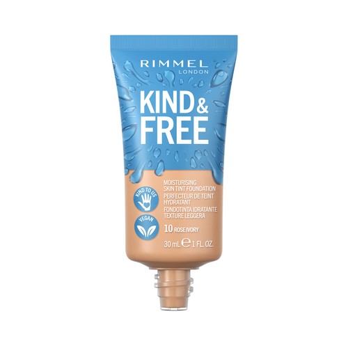 RIMMEL  Kind & free Tono 010 Rose Ivory Base de maquillaje hidratante para un acabado radiante y saludable,30 ml.