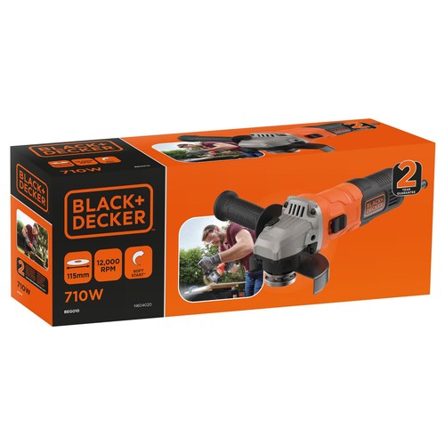 Mini-Amoladora 710W, 115mm, protección contra re-arranque, empuñadura lateral 2 posiciones, BLACK + DECKER BEG010-QS.