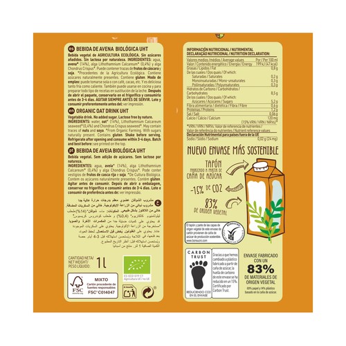 DIAT RADISSON Bio Bebida de avena ecológica, sin azúcares añadidos 1 l.